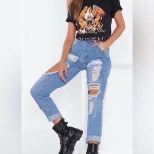 NWT Nasty Gal Girl Talk Blue Distressed Mom Jeans